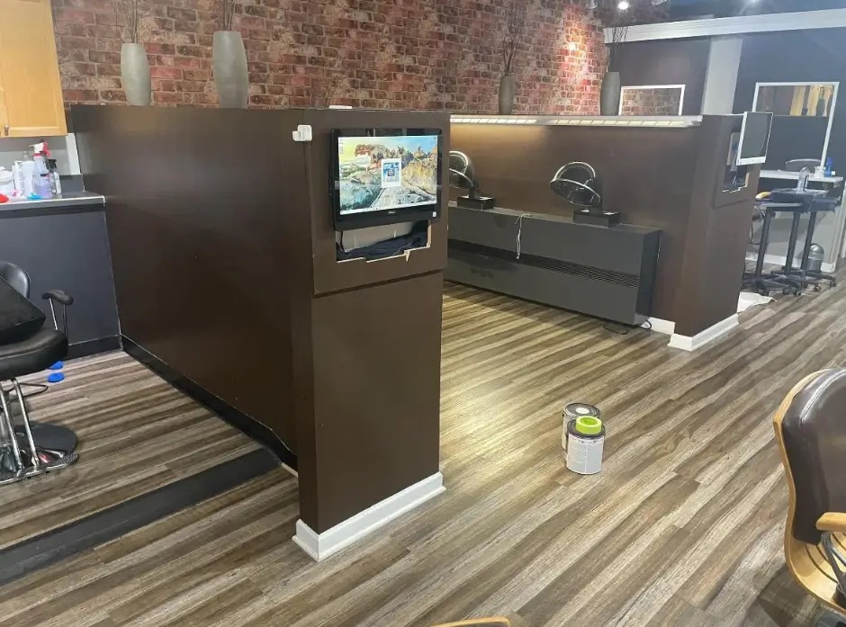Before Salon divider walls in brown paint